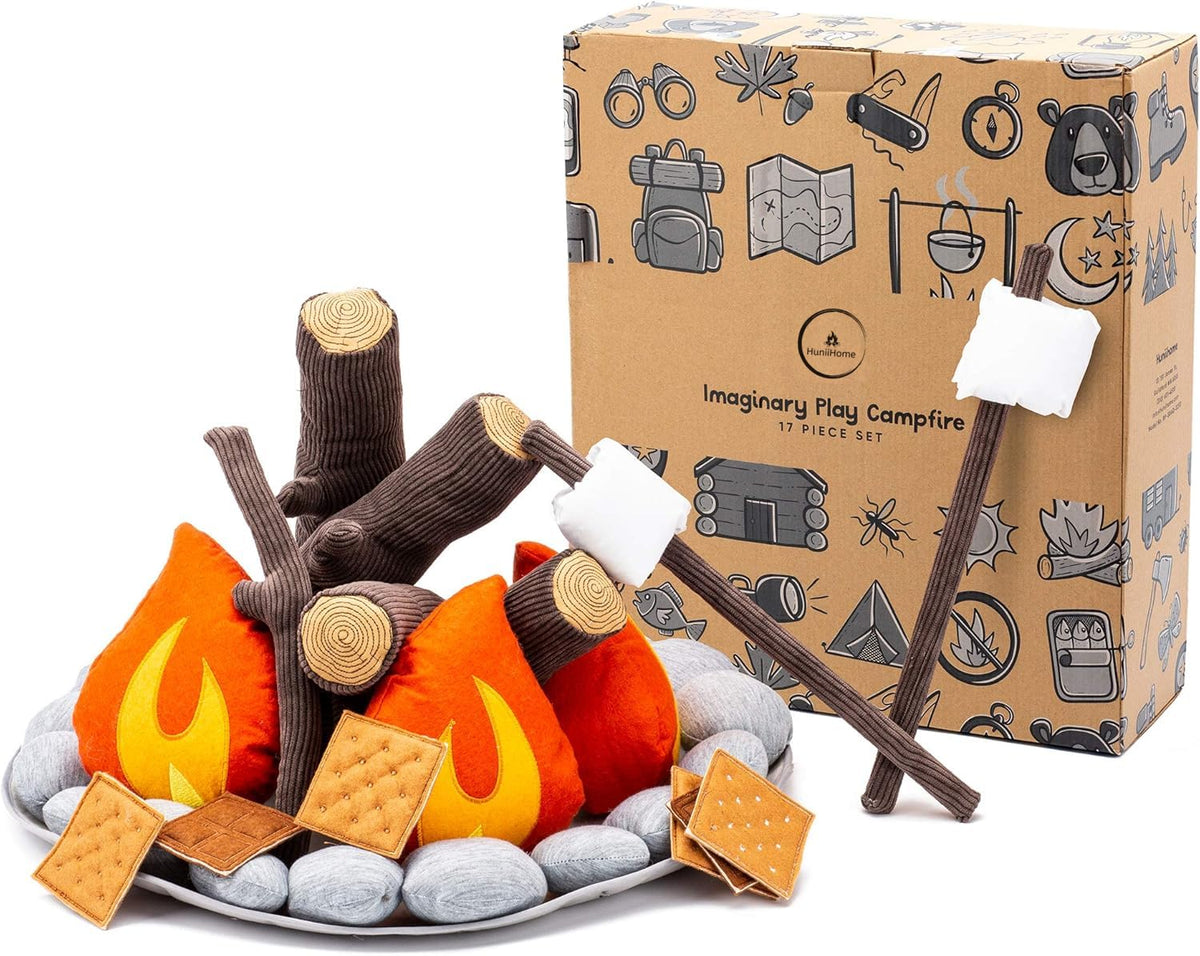 HUNIIHOME Pretend Campfire - Sensory Play Pretend Camping Set for Kids with Plush Fire, Logs and Stones - 17 Pieces - Safe, Soft, Fake Fire Pit - Felt Toy Campfire Playset for Kids