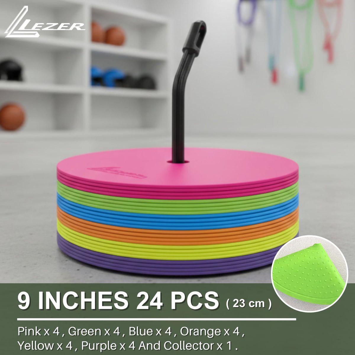 LEZER 9 Inch Flat Cones, Spot Markers, Soccer Cones, Field Court Markers, Sit Spots, Flat Discs, Soccer Training Equipment, Agility Practice, Football, Made in Taiwan, Set of 24