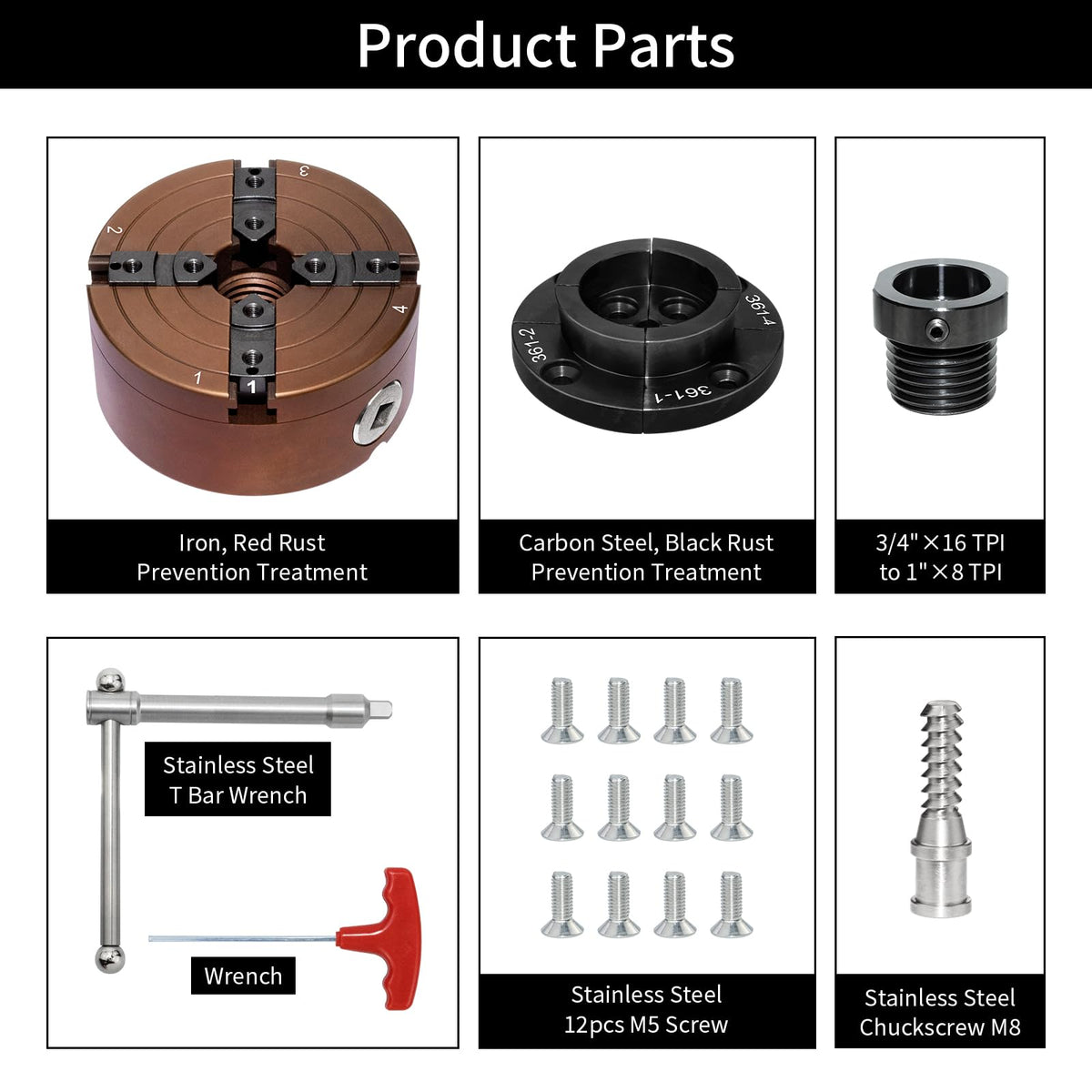 SIIIXS 4 Inch Wood Lathe Chuck Set 1"X8TPI Thread & 3/4"X16TPI Adapter, Self-Centering 4 Jaw Wood Turning Chuck
