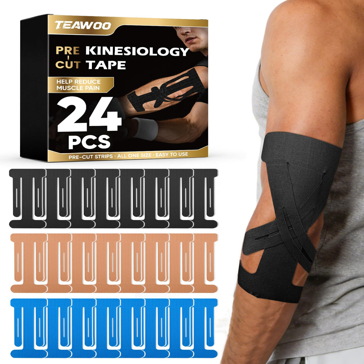 TEAWOO Precut Kinesiology Tape for Elbow, 24Pcs, Waterproof Breathable Athletic Tape, Enhanced Adhesion & Elasticity, Elbow Pain Relief Support for Sports & Daily Use