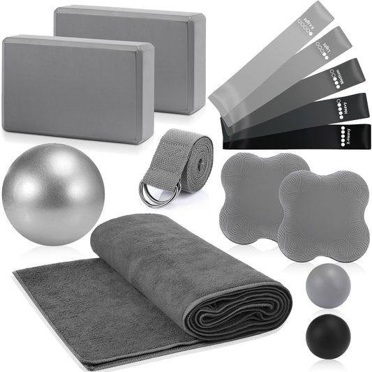Simgoing 14 Pcs Yoga Kits for Home Workouts Pilates Equipment Set for Women Beginners, Hot Yoga Towel Blocks Strap, Knee Pad, Resistance Loop Exercise Band, Massage Lacrosse Ball, Pilates Ball(Gray)