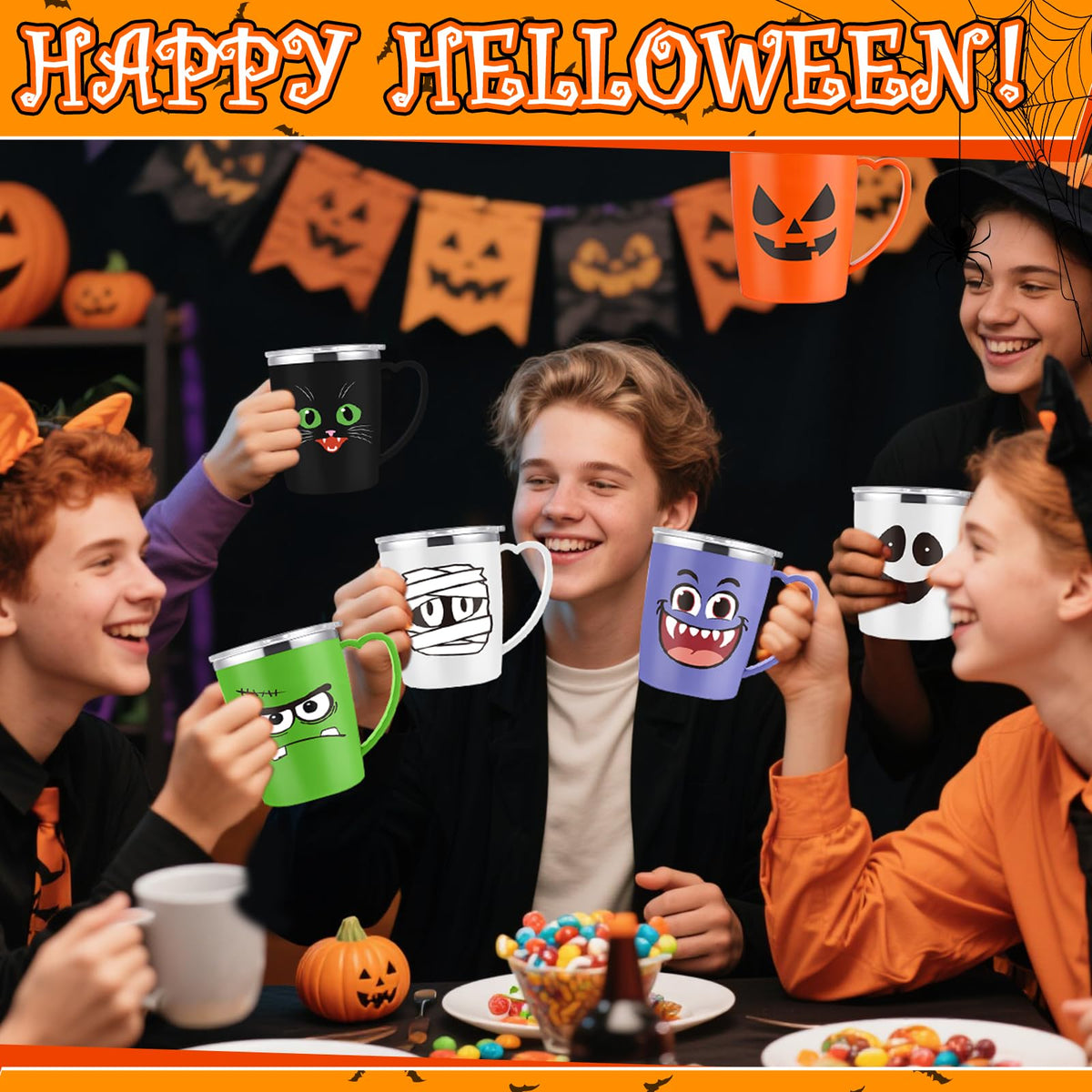 Patelai 6 Sets Halloween Coffee Mugs Cups 16 oz Halloween Stainless Steel Insulated Tumblers Bulk with Handle Lid Straw Brushes Clear Opp Bags Ribbons Spooky Black Cat Ghost Trick or Treat Party Gifts