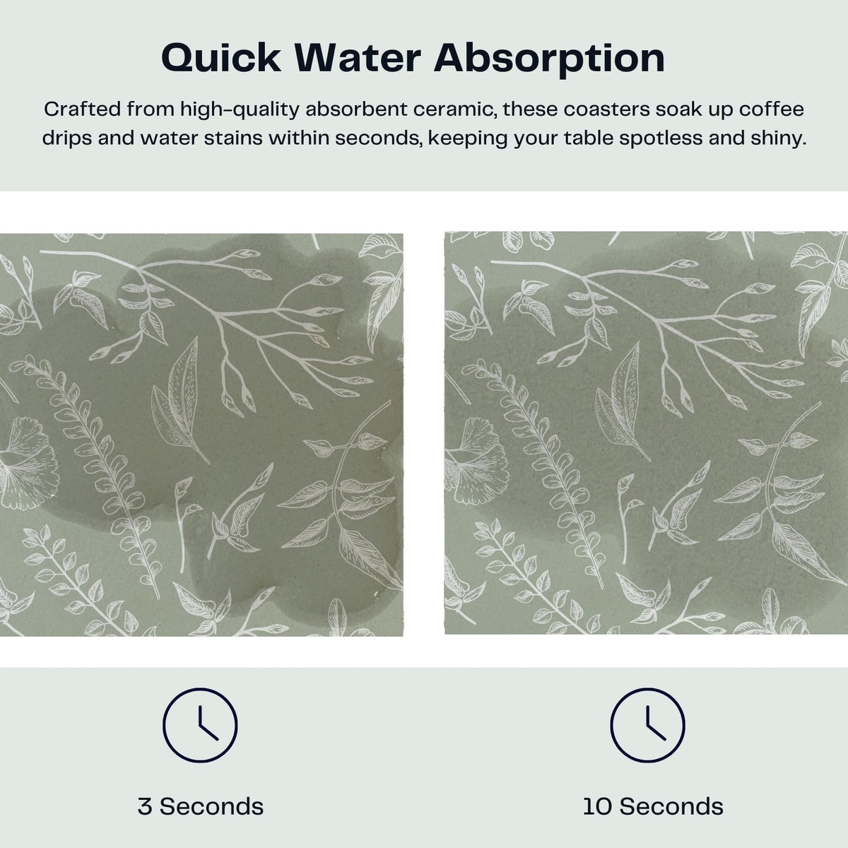 Hoomey Set of 6 Floral Sage Green Coasters with Holder, Absorbent Ceramic Drink Coasters with Cork Backing for Table Protection, Coffee Table Décor