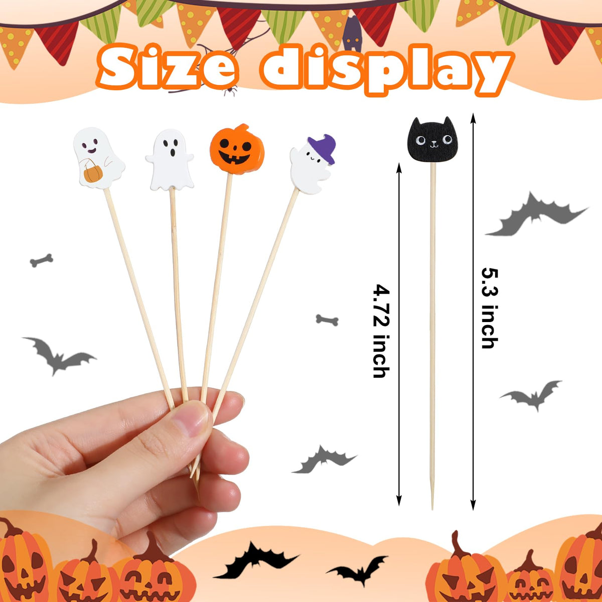 Chengu 200 Pcs Halloween Cocktail Picks for Appetizers, 4.7 Inch Bamboo Toothpicks Pumpkin Cat Ghost Halloween Party Decorations for Food, Cocktail, Desserts, Fruit, Cake, Salad