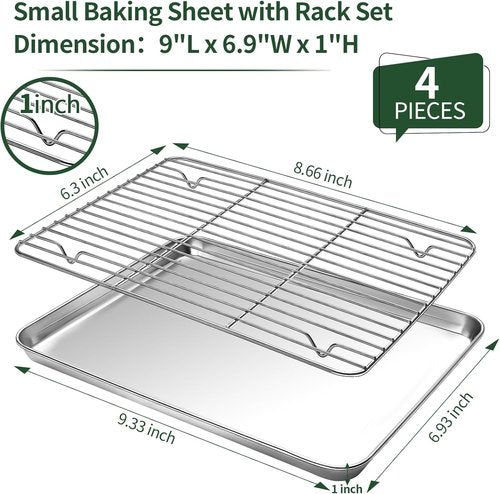 CEKEE Stainless Steel Baking Sheet Set - Heavy Duty Cookie Pans with Cooling Racks | 9 x 7 Inch, Dishwasher Safe