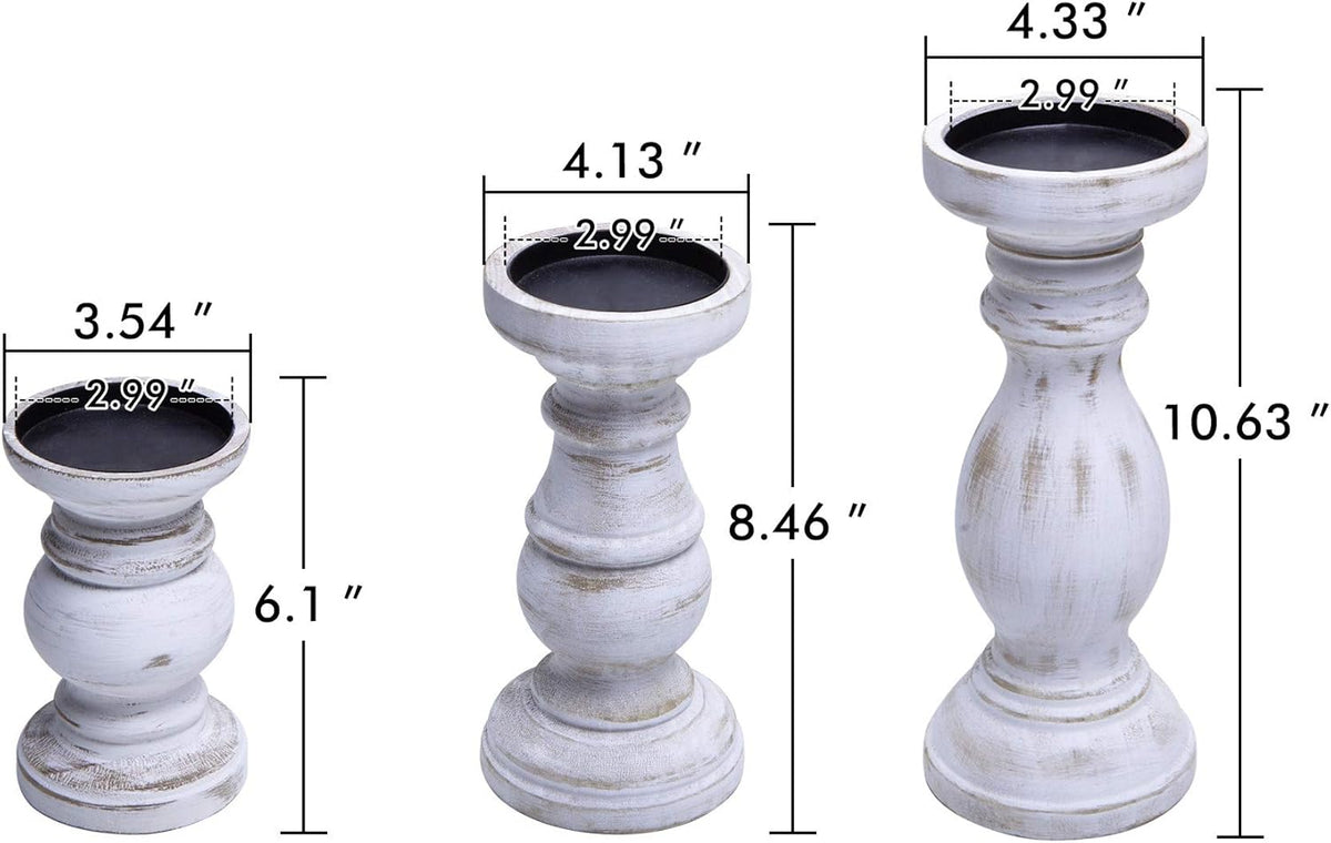 NIKKY HOME Rustic Pillar Candle Holder Set - Farmhouse Wood Stand for Mantle & Dining Table, Distressed White