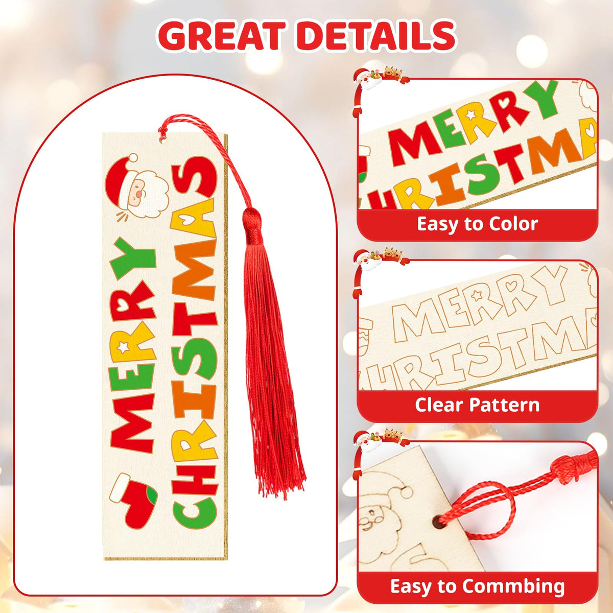 36 Pcs Color Your Own Christmas Bookmarks for Kids DIY Christmas Gifts Wooden Blank Bookmarks Bulk with Hanging Tassel for Xmas Winter Crafts Birthday Gift