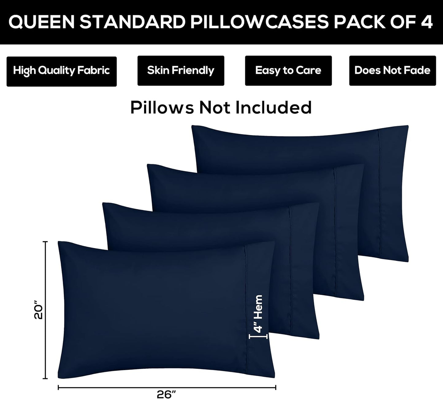 Utopia Bedding Standard Pillow Cases - Soft Brushed Microfiber - 4 Pack, Navy - Fade & Shrinkage Resistant, 20 x 26 Inches