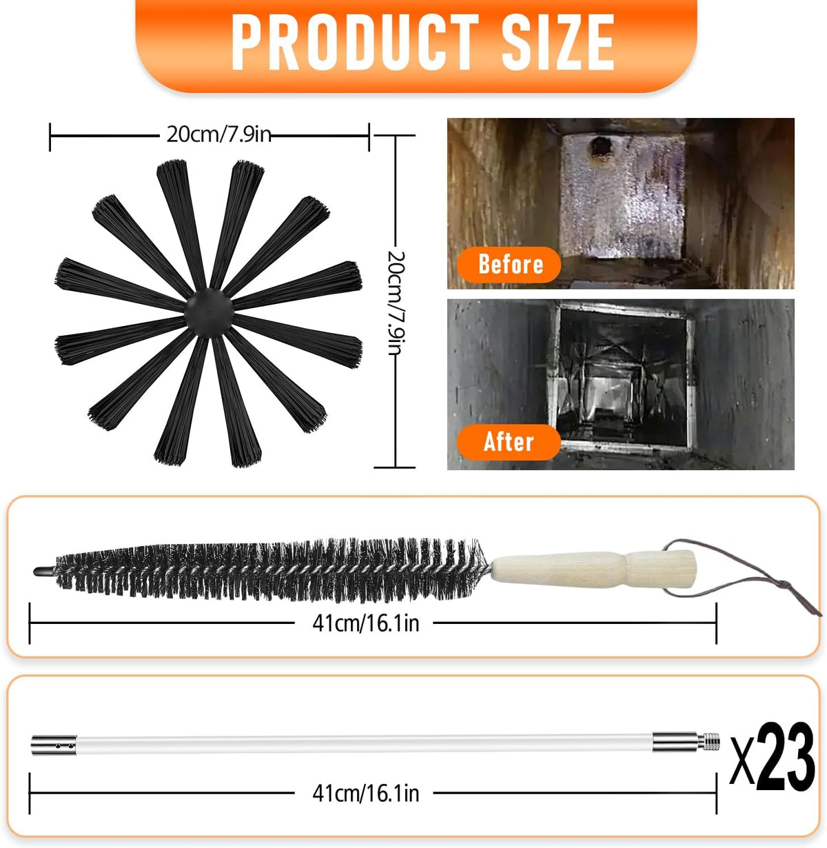 Skiennix Chimney Sweep Kit - 30 Feet Rotary Cleaning System with 8-Inch Brush Head & 23 Flexible Rods