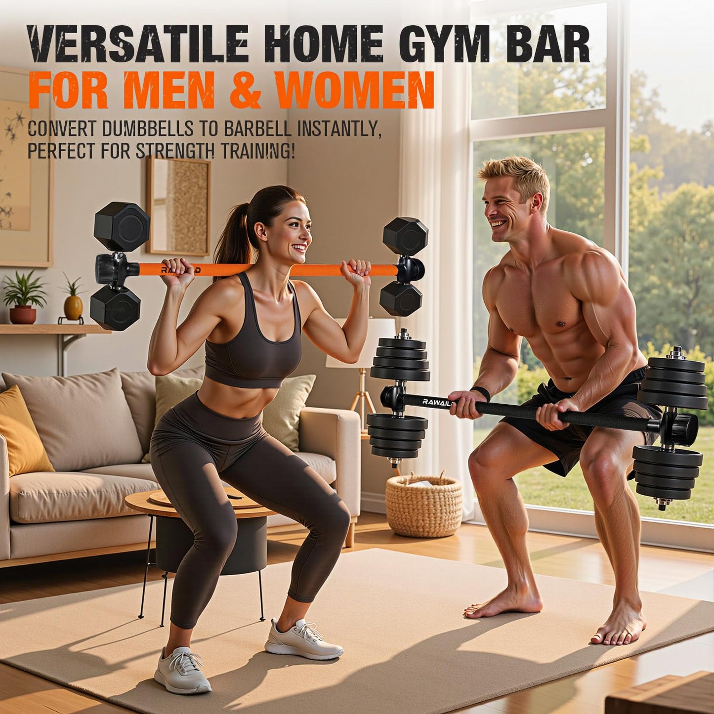 Rawaild Dumbbell Converter, Convert Dumbbells to Barbell Set, Weight Bar for Bench Presses, Squats, Hip Thrust, Deadlifts, Home Weightlifting and Strength Training, Versatile Home Gym Equipment