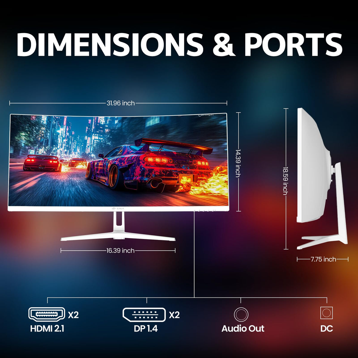 CRUA 34" Curved Gaming Monitor, WQHD 3440x1440, 120Hz Computer Monitors, 1500R VA Screen, 120% sRGB, AMD FreeSync, Blue Light Filter, HDMI 2.0 & DP 1.4, Wall Mountable Installs- White