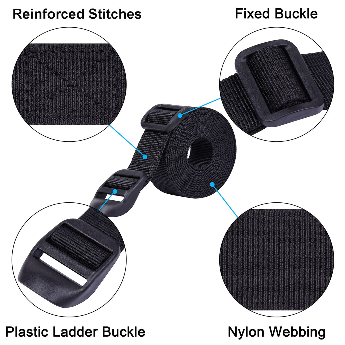 Wisdompro Sleeping Bag Strap, 2 Pack of Heavy Duty Utility Straps for Backpacking, Sleeping Bag Compression, Luggage, Camping, Hiking with Plastic Buckle - 48 inch, Black