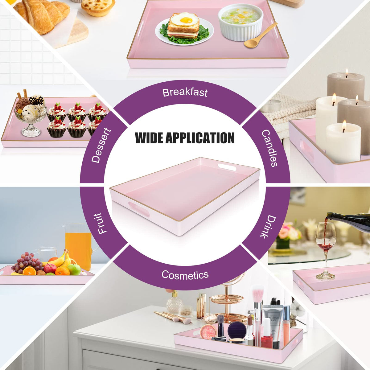 Gifturbo Pink Serving Trays,Decorative Serving Tray with Handles, Coffee Table Rectangular Trays Plastic Tray for Ottoman Bathroom,Living Room, 15.7” x 10.2” x1.37”