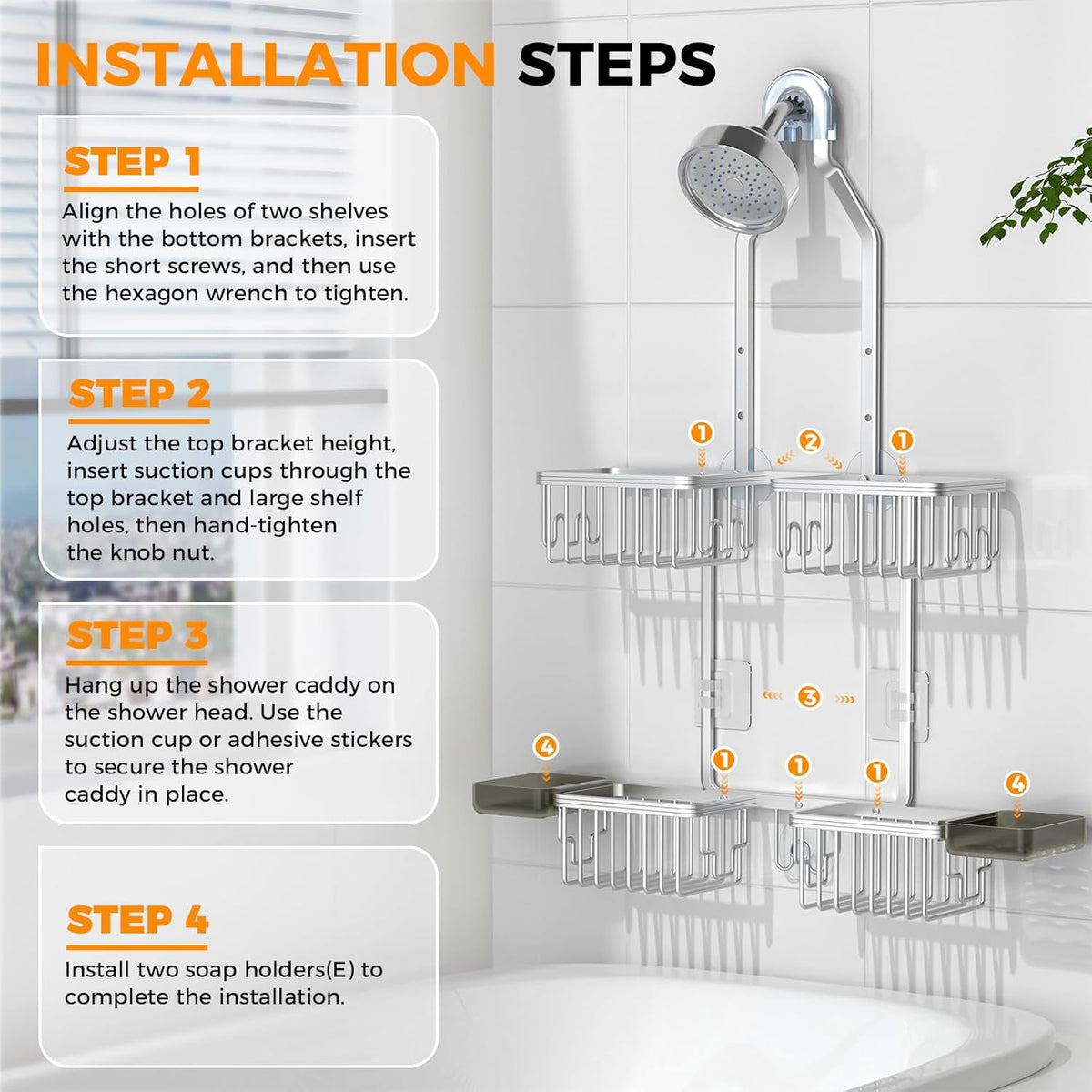 Reinhardt Aluminum Shower Caddy - Adjustable Rustproof Organizer with Hooks & Soap Holders | Silver