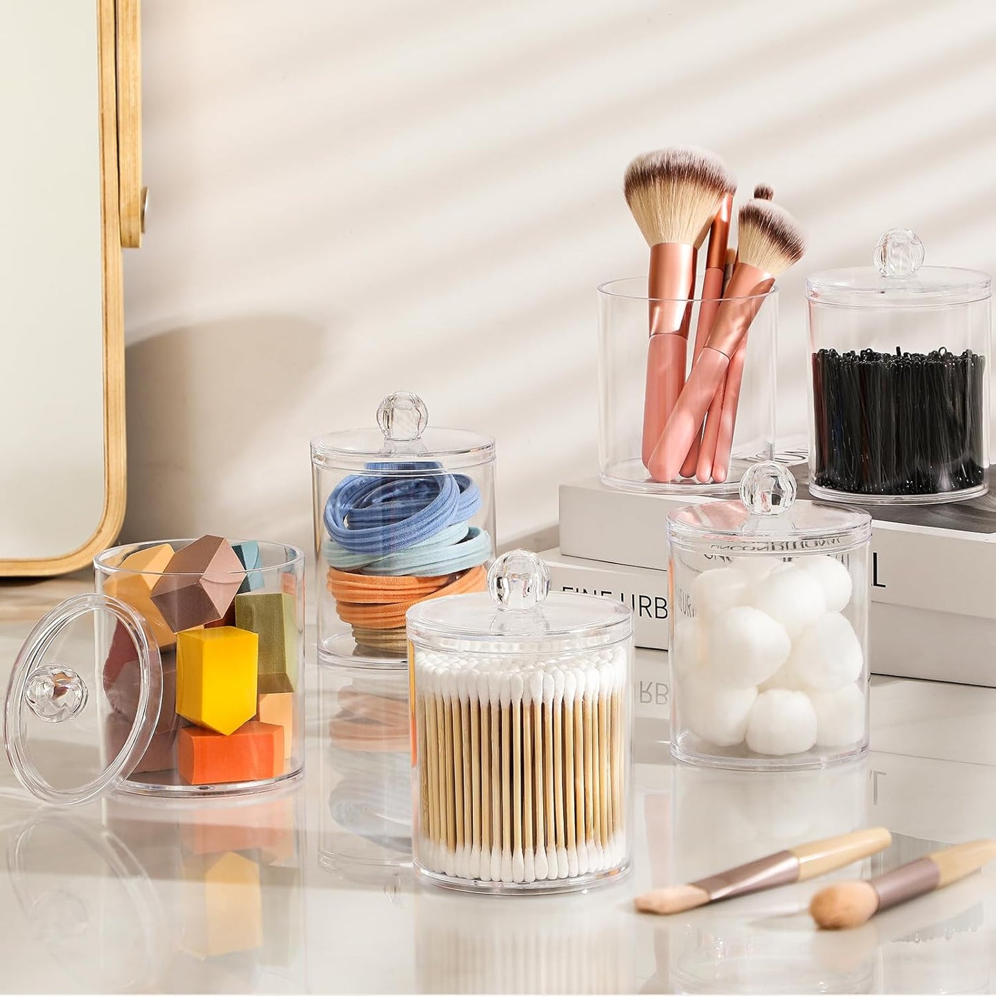 Skiennix Acrylic Qtip Holder Dispenser - Clear Plastic Canister Set for Cotton Swabs & Makeup Storage