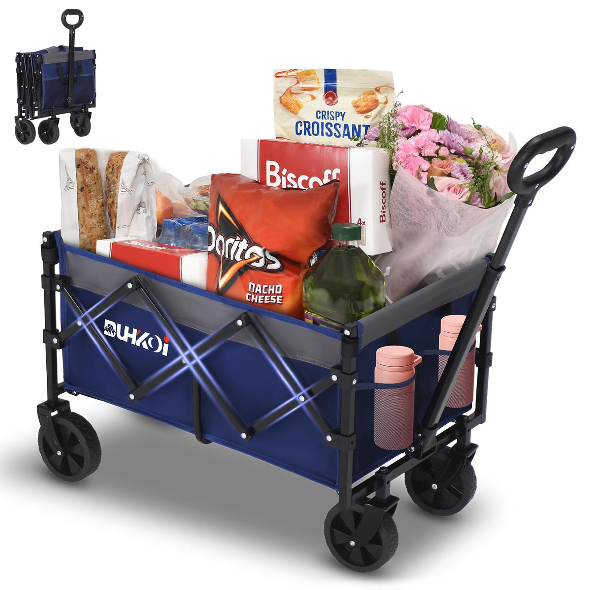 DUHKOI Collapsible Wagon Cart with Wheels Foldable,11 Lbs Lightweight Portable Folding Utility Wagon,90 L Heavy Duty Grocery Shopping Carts,Versatile for Garden Sports Camping Outdoor Use (Navy Gray)