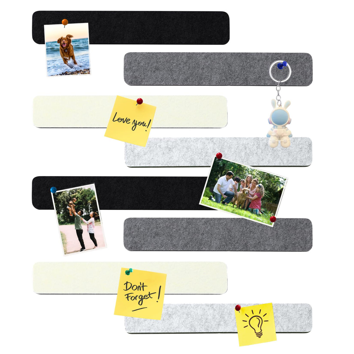 HULAVO 8Pcs Rectangle Felt Cork Board Bar Strips with 35 Pushpins, Self-Adhesive Bulletin Board Strips for Office School Home Wall Decor Stickers Memos Schedules Photos Display -Gradual Grey