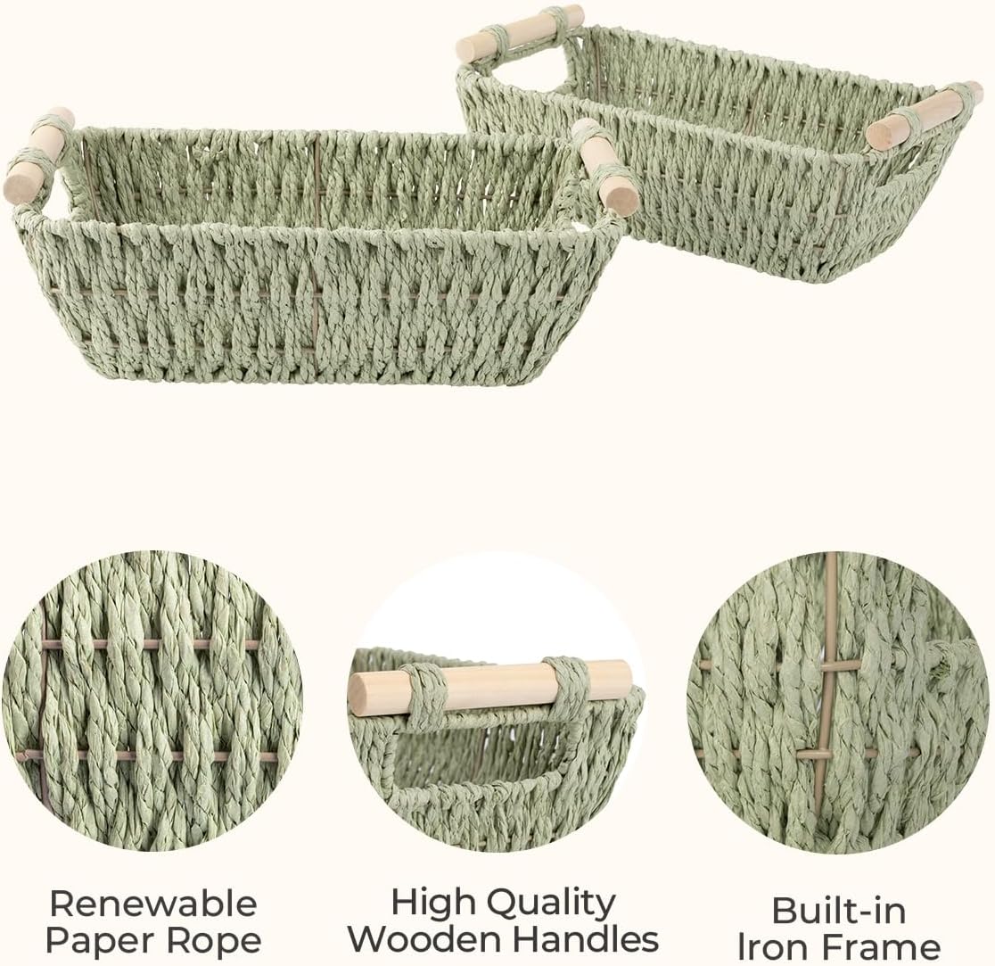 StorageWorks Round Woven Basket - Paper Rope with Wooden Handles | Bosana Green, 2-Pack for Gifts & Storage