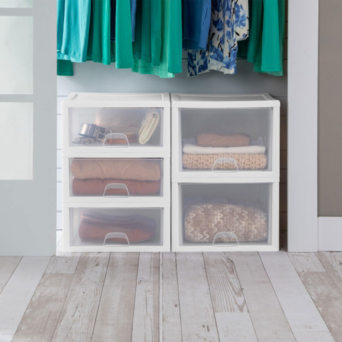 Sterilite 16-Pack 27 Quart Stacking Drawer, Clear Storage Closet Organizer, White Frame - Stackable Modular Plastic Drawers for Clothes, Accessories, Craft Supplies, Shoes or Linens