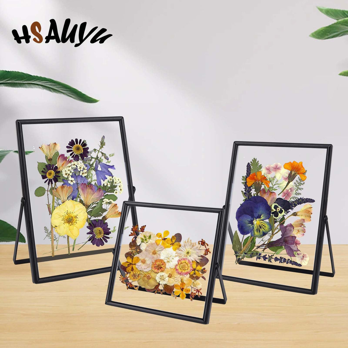 HSAUYU Glass Picture Frame Set of 3, Black Simple Metal Geometric Photo Frame with Glass Cover Includes 5x7, 4x6, 4x4 - Tabletop Floating Picture Frames for Home Decoration, Gift for Father's Day