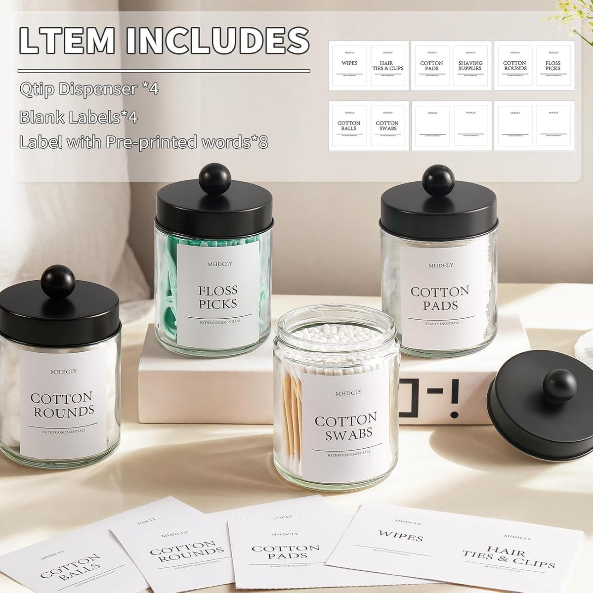 Skiennix Bathroom Organizers - 4 Pack Storage Accessories for Aesthetic Home Decor | Black Lids