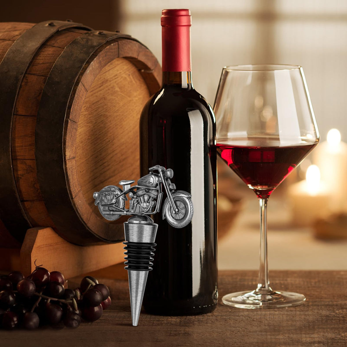 LKKCHER Motorcycle Wine Stopper, Motorbike Wine Gifts Father Day Gifts Christmas Gifts Birthday Gifts for Men Bikers, Bottle Stoppers for Wine Champagne, Dark Silver with Gift Box