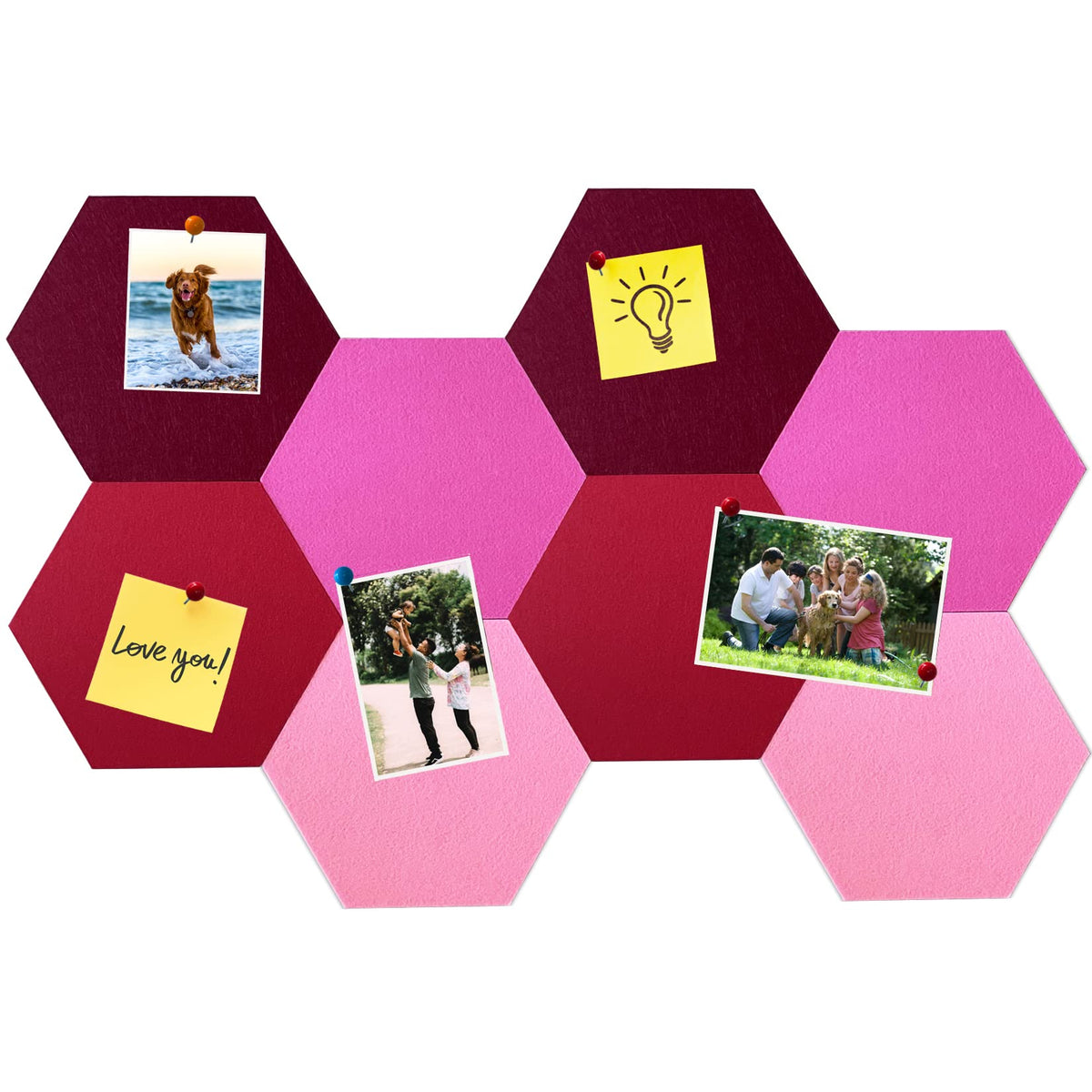 HULAVO 8Pcs Hexagon Felt Cork Board Tiles, Self Adhesive DIY Bulletin Board Pin Board for Office School Home Wall Decor Stickers Memos Photos Display (Gradual Red)