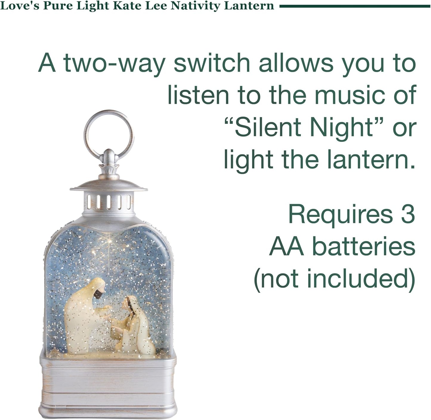 Love's Pure Light by Kate Lee - 10” Light-Up Nativity Lantern with Music | Glitter Snowglobe Manger Scene