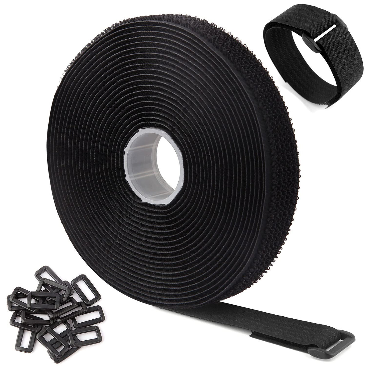 WSZJINB 16Ft x 1In Adjustable Cable Straps with 25 Buckles, Free Cut Length, Black Reusable Fastening Cable Ties, Hook and Loop Securing Strap for Cable Tidy, Wire Management, Cord Organiser, Black