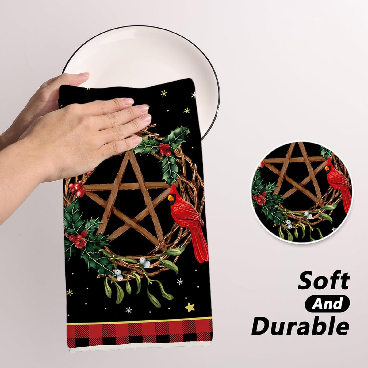Yule Christmas Kitchen Towels - Scandinavian Straw Goat Julbock & Mistletoe Decor | Festive Dish Towels
