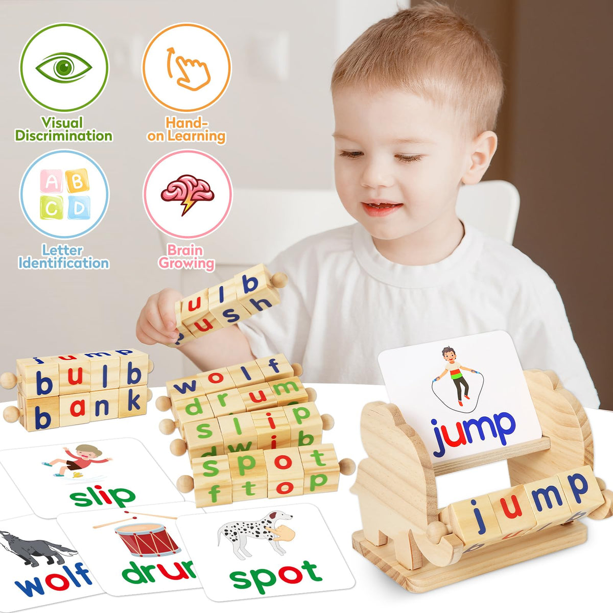 Montessori Learning and Educational Toys Gifts for Kids 3 4 5 Years, Wooden Reading Blocks Toys, Preschool Kindergarten Learning Activities, Turning Rotating Matching Flash Card Games