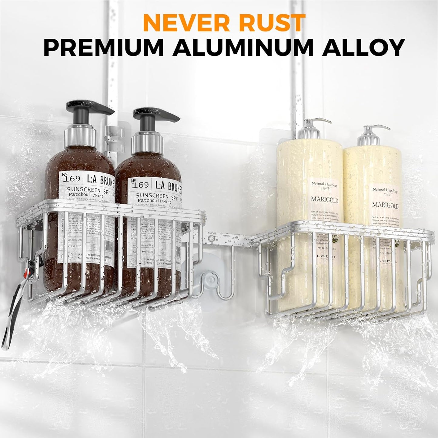 Reinhardt Aluminum Shower Caddy - Adjustable Rustproof Organizer with Hooks & Soap Holders | Silver