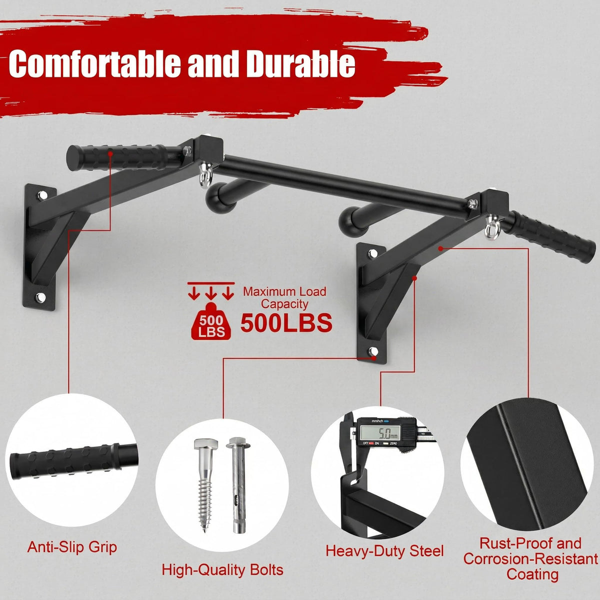HWOOUSA Wall Mount Pull Up Bar, Heavy Duty Steel PullUp Bar Fits Wood Studs, Multi Grip Pull Up Bar with Ball Finger & Round Rings, for Home Gym Garage Basement Strength Training Chin Up Bar