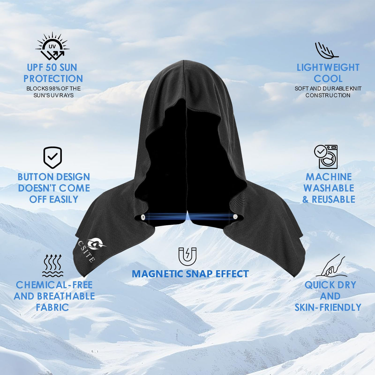 CSITE Cooling Hoodie Towels for Neck and Face, UPF 50 Sun Protection & Instant Cooling, Ice Towels for Hot Weather, Soft Breathable Towel for Sport, Work Out, Gym, Camping & More Activities（Black）