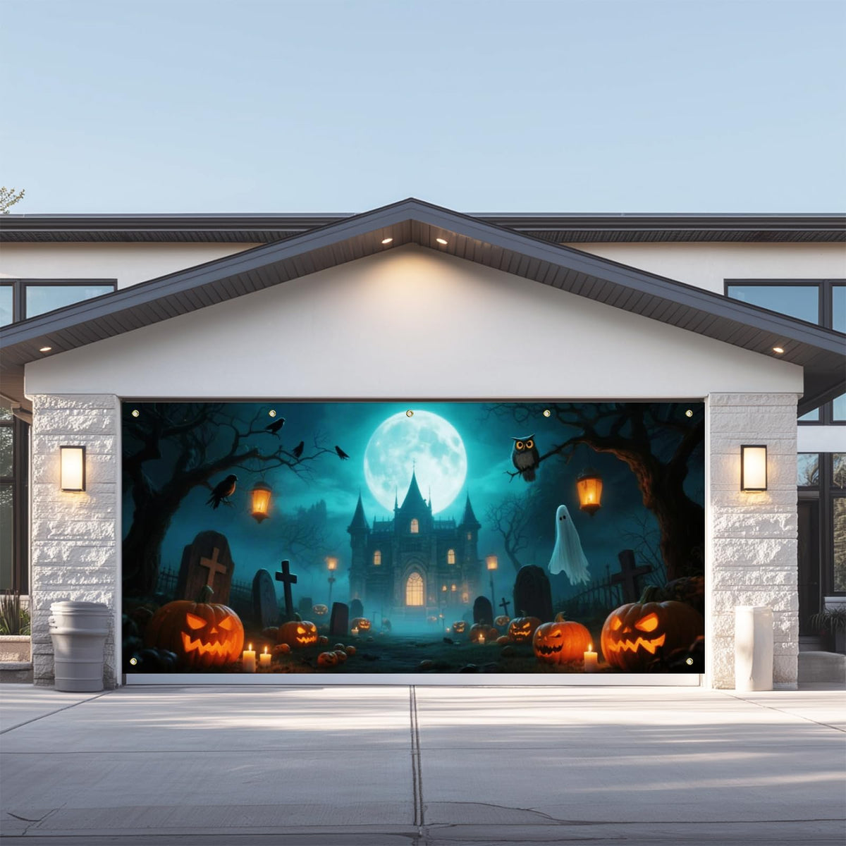 IVN Halloween Garage Door Cover 13x6ft Haunted Castle with Ghosts and Jack-o’-Lanterns Scene Garage Decoration with Green Moonlit Forest Halloween Decorations Outdoor