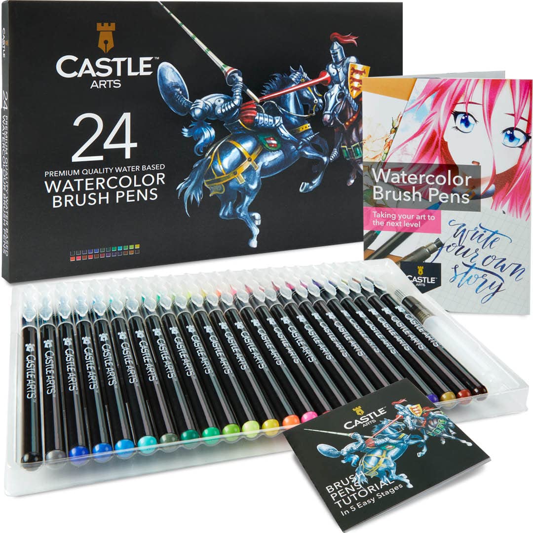 Castle Art Supplies Watercolour Brush Pens Set | 24 Lively Colours, with Flexible Nylon Tips | For adult colouring, painting, lettering – artists and beginners | Travel Case with Extra Water Brush Pen
