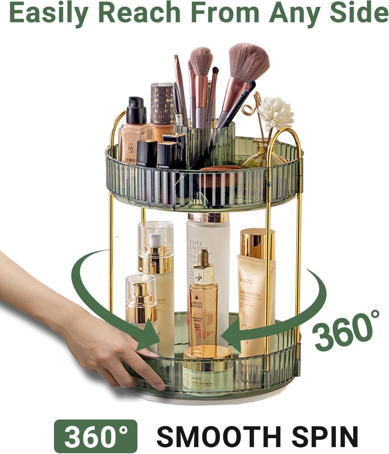 Asayuee 360 Rotating Makeup Organizer - Large Capacity 2-Tier Storage for Cosmetics & Skincare | Green