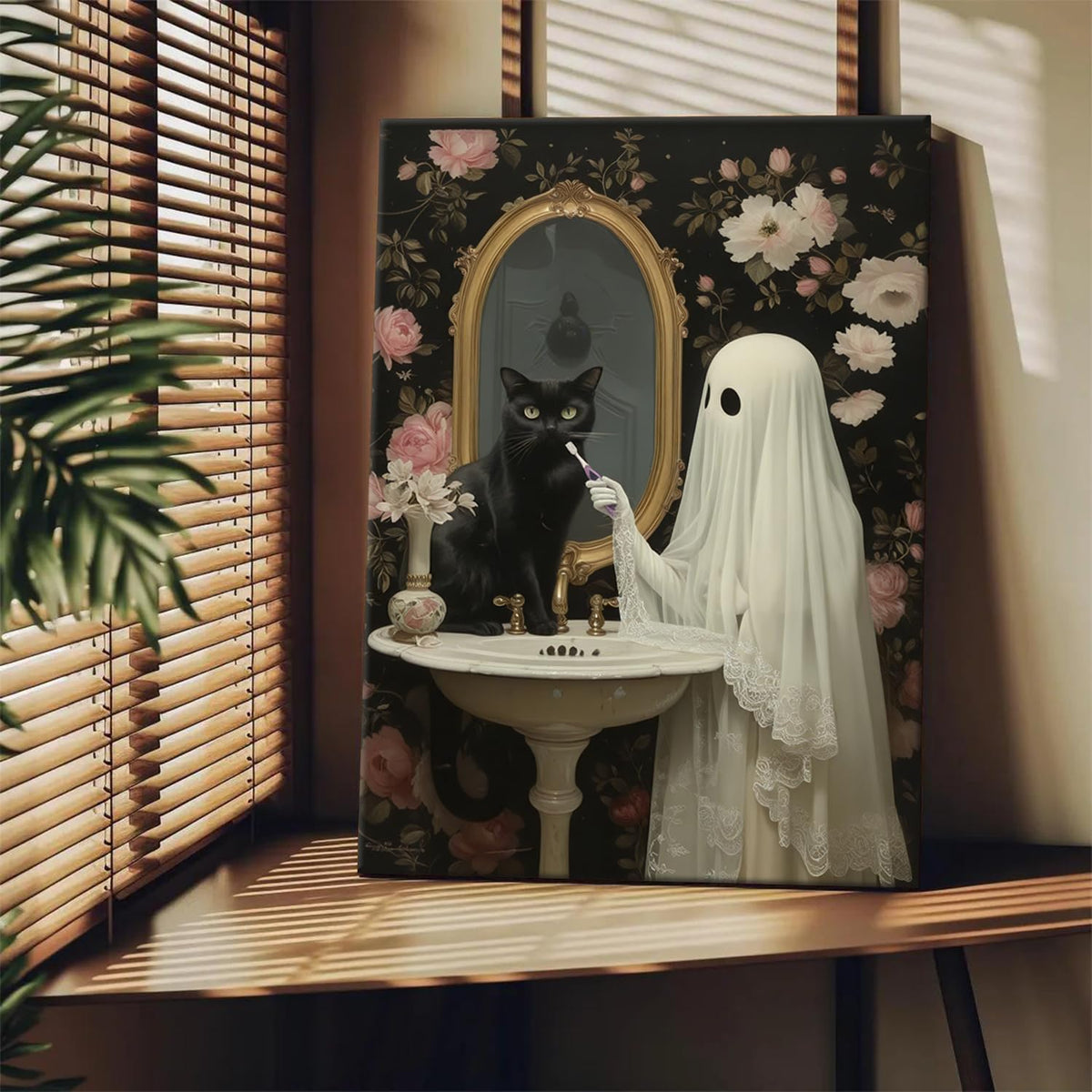 Halloween Ghost Bathroom Canvas Wall Art Set of 3, Funny Horror Ghost and Cute Black Cat in Bathtub Pictures Wall Decor, Gothic Dark Academia Paintings Prints for Toilet Dorm 16x24 inch Framed