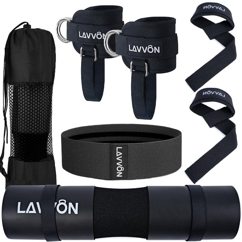 7Pcs-Barbell Pad Set for Hip Thrust - Squat Pad, Bench Press Workout Foam Weight Lifting Bar Cushion,Gym Accessories for Women with Bar Bad,with Gym Ankle Straps,Hip Resistance Bands,Lifting Strap (Black)