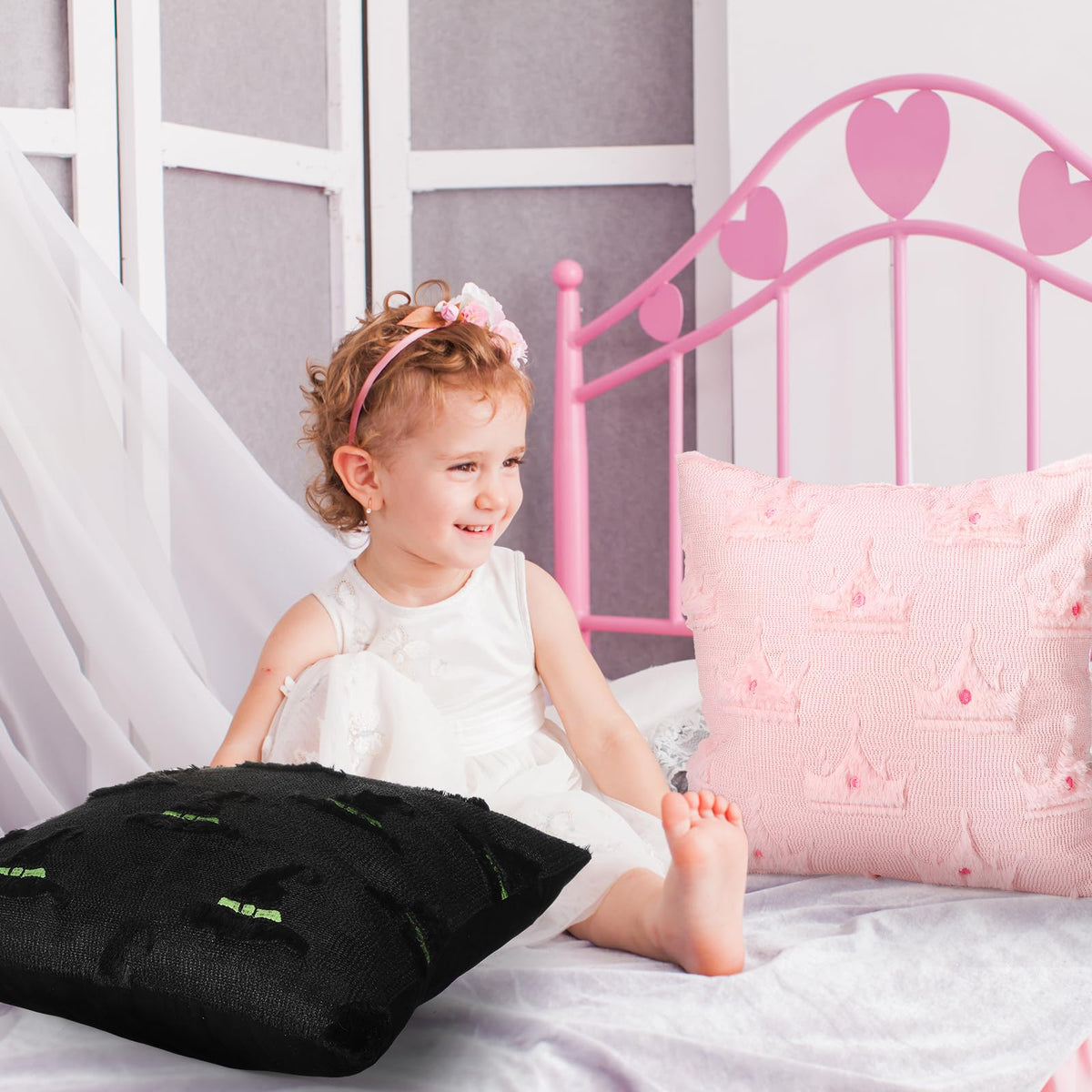 Mindsoft Set of 2 Witch Hat and Pink Crown Pillow Covers for Girls 18x18 Inch Witch Theme Throw Pillow Cases Soft Plush Cushion Covers for Christmas Halloween Sofa Couch Living Room