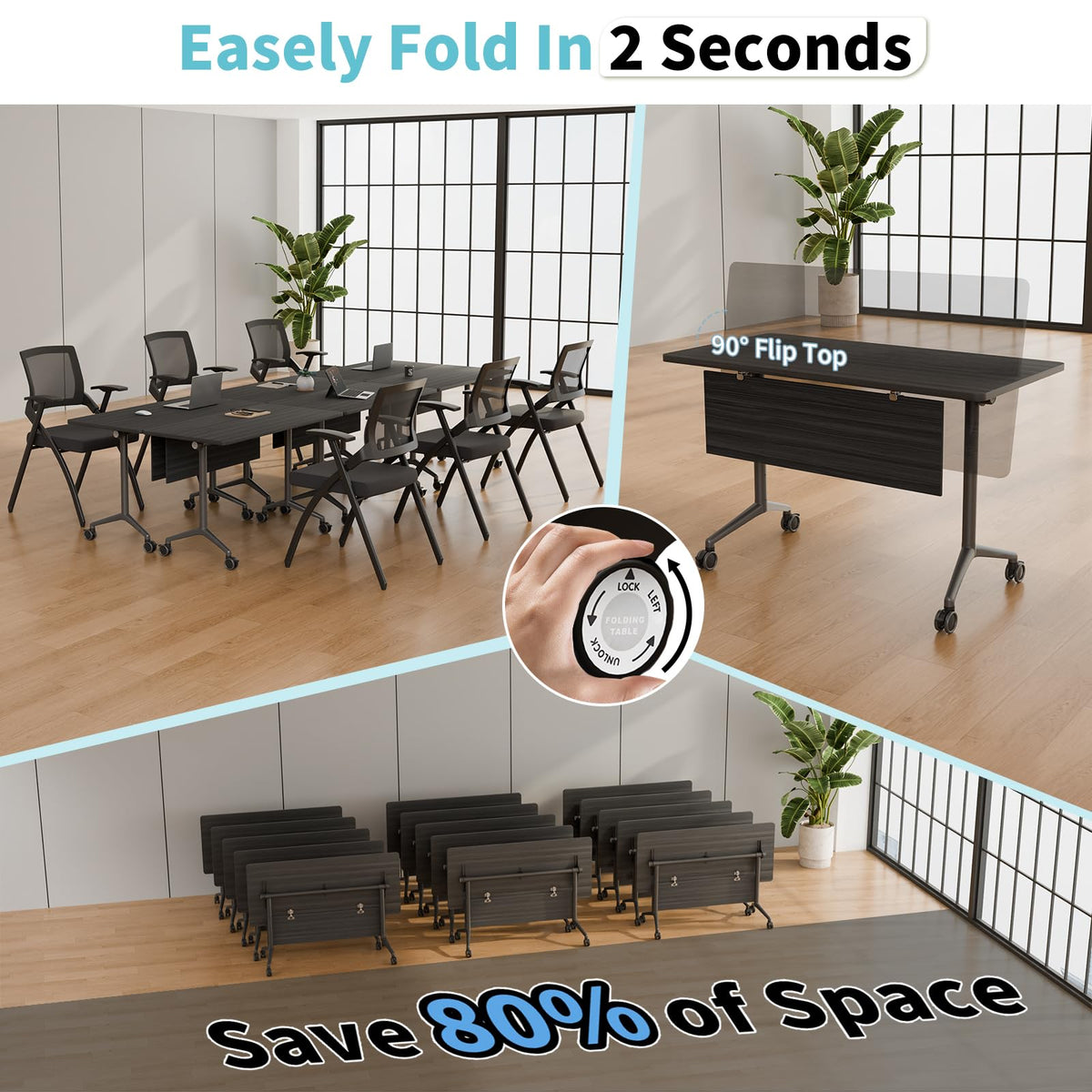Folding Conference Room Tables with Wheel -Modern Large Modular Conference Table,Stackable Flip Top Training Meeting Table,Space Saving,for Seminar,Office,Classroom(Black A,47IN,2pack)