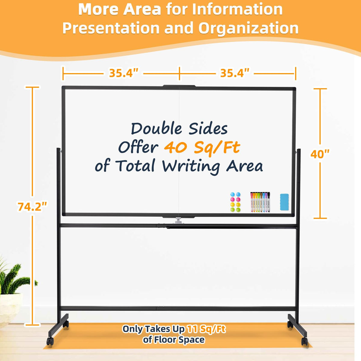 WALGLASS Rolling Whiteboard on Wheels, 72"x40" Double-Sided Dry Erase White Board with Stand, Large Magnetic Whiteboard, Giant Portable Standing Board for Office, School, Home, Classroom 6 x 3.33 ft