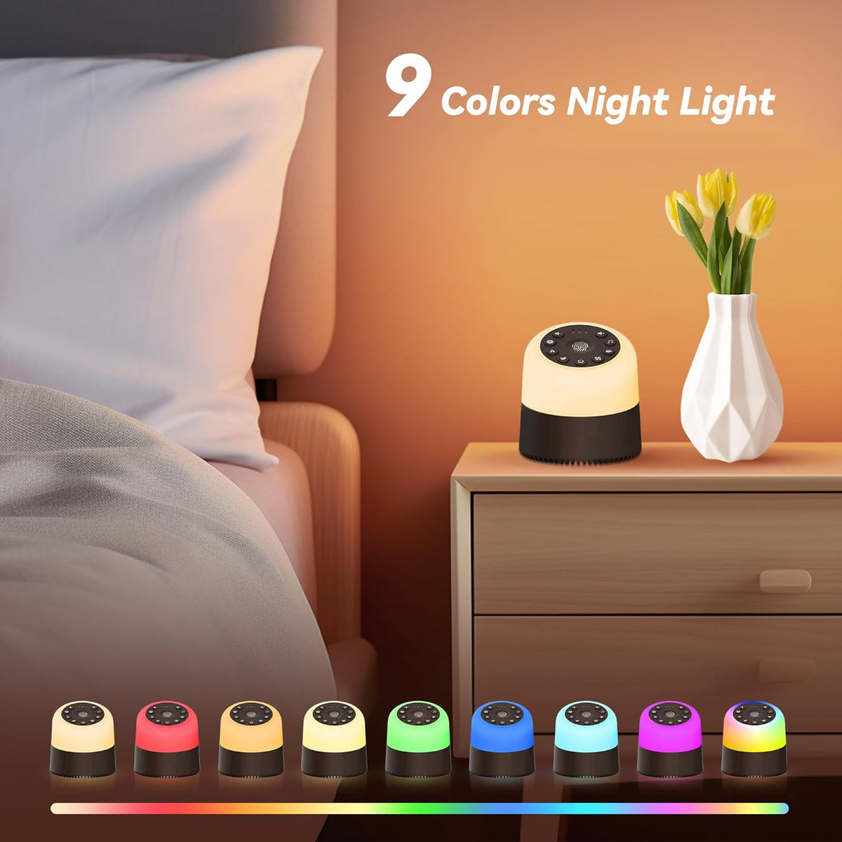 Skiennix White Noise Machine - 32 Soothing Sounds & 9 Color Night Lights | Adjustable Volume & Auto-Off Timer