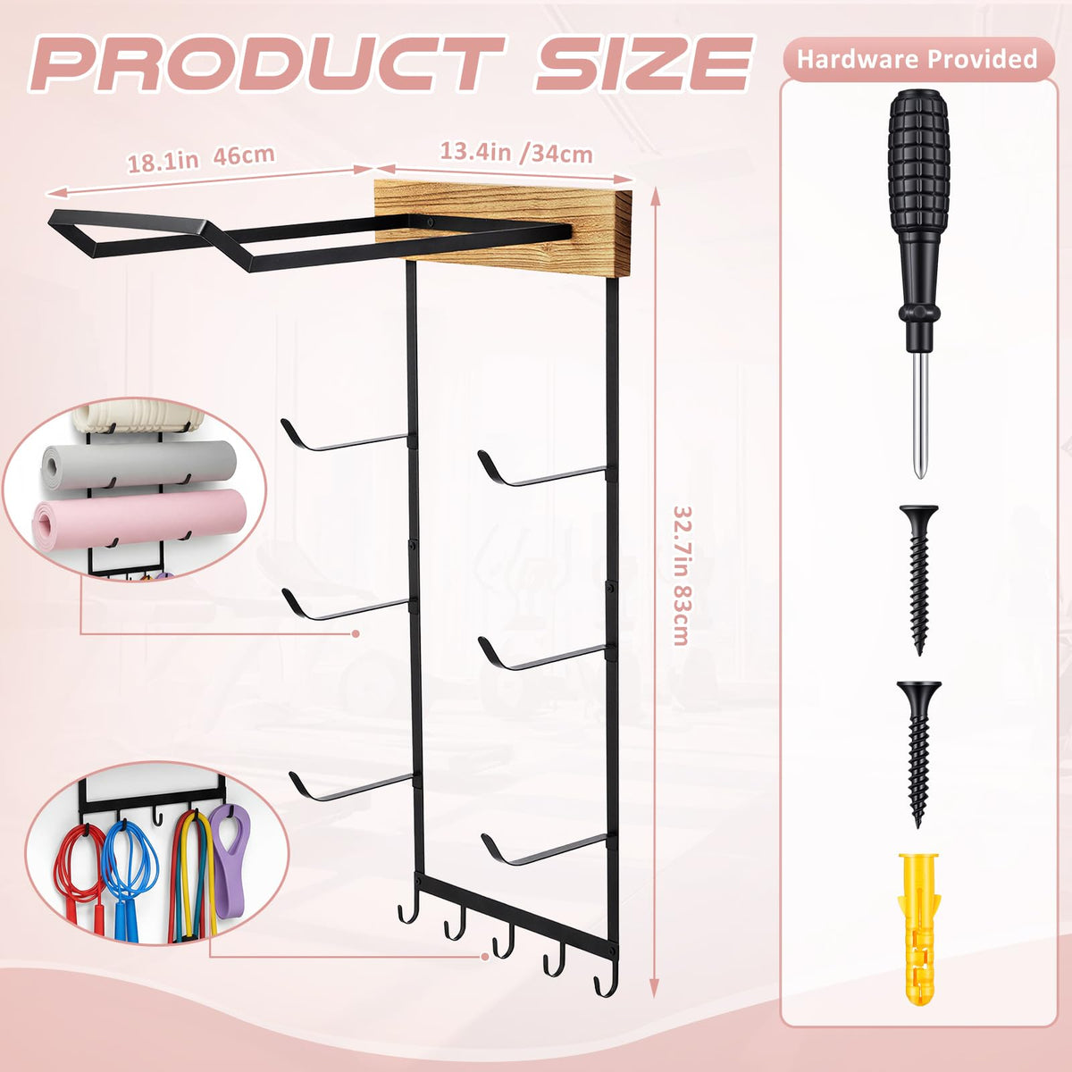Geelin Yoga Mat and Ball Holder Wall Mount, 4-Tier Yoga Mat & Ball Storage Rack, Home Gym Organizer, Black Metal Floating Shelf for Hanging Foam Rollers & Resistance Bands(5 Hooks Style,Wood Color)