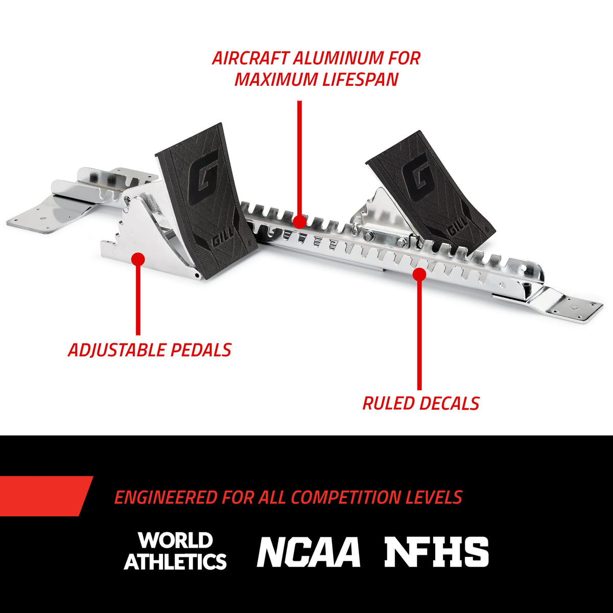 Gill Athletics S2 Starting Block 8" Tall Cast Aluminum Pedals - Designed for High Level Track & Field Competition - Pedals Feature Four Angle Adjustments - Includes 1⁄2” Pyramid Spikes - Black