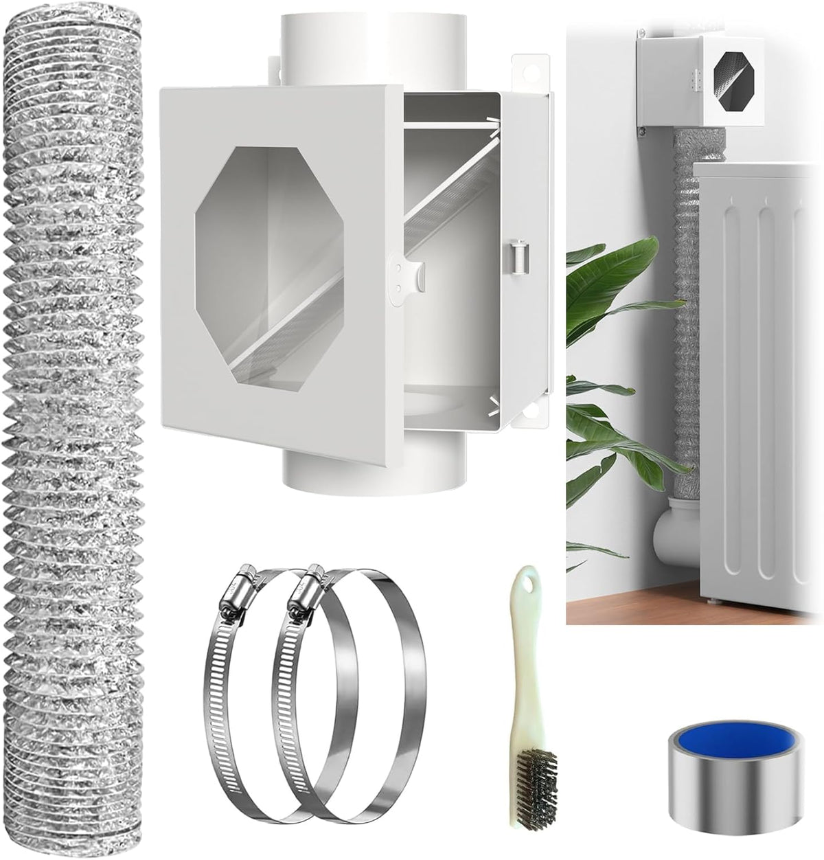 Upgraded Metal Dryer Duct | Lint Trap Indoor Vent Kit - 4-Inch Hose with Clamps & Cleaning Brush