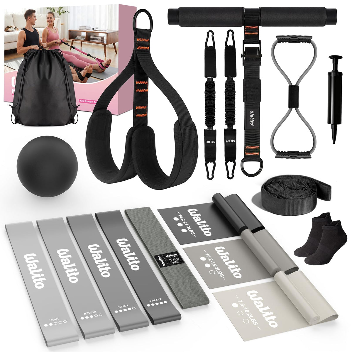 WALITO 15 PCS Pilates Kit, Adjustable Pedal Resistance Band with Handle, Figure 8 Resistance Band for Exercise Women, At Home Workout Equipment Set with Yoga Ball & Booty Bands for Full Body Gym