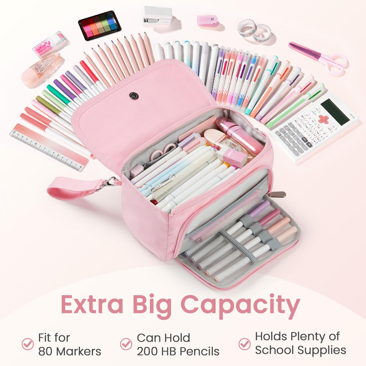 Sooez Super Large Pencil Case, Big Capacity Pencil Bag with 3 Compartments, can hold 100 pencils,Cute Pencil Pouch with Zipper,Portable Stationery Pen Bag,Aesthetic School Supplies For Girls,Haze Blue
