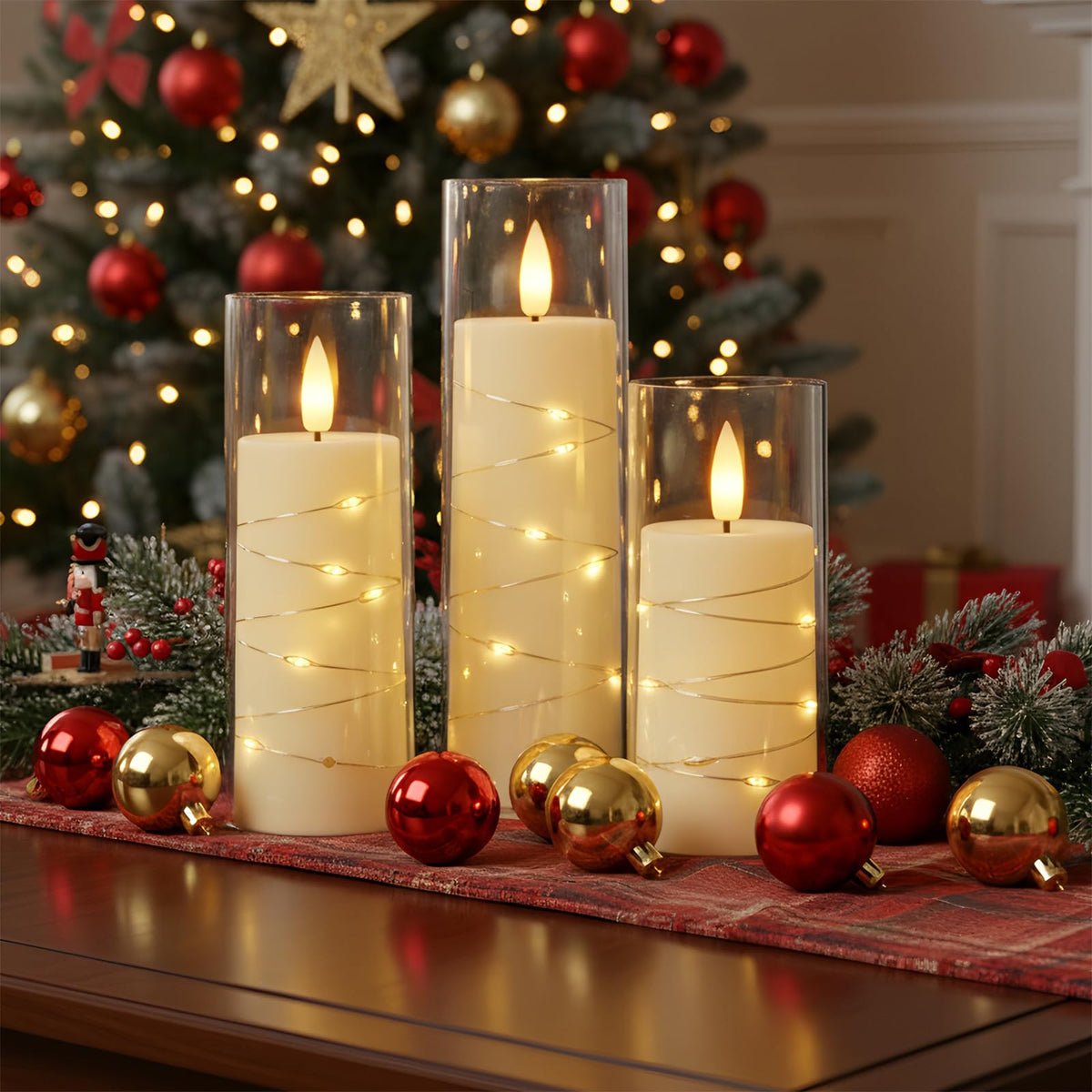 Raycare Flameless Candle with Remote Timer, 3 Flickering Acrylic Battery Operated LED Pillar Candles with Embedded Star String for Christmas, Wedding, Home Table Decor, and as a Gift (Ivory White)