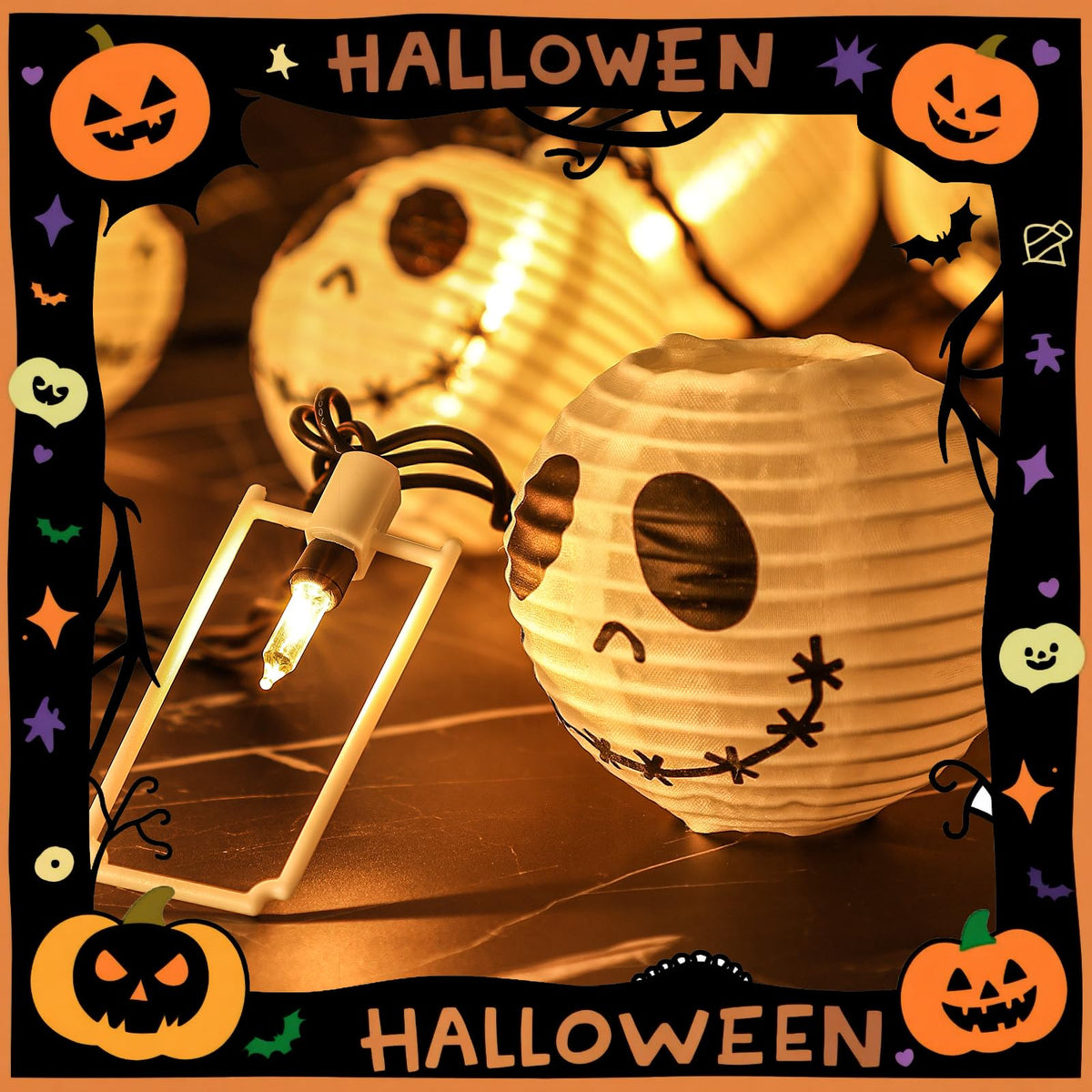 Brillarlights Halloween Decorations Ghost Lantern String Lights Plug in, 10 Pack Ghost Jack Skellington White Lantern Lights with Black Cord, Spooky Lights Outdoor for Halloween Spooky Mantel Decor